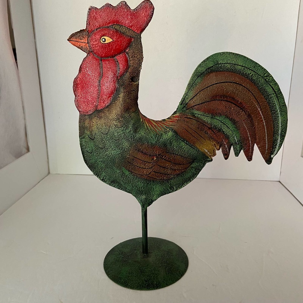 Rooster Metal Decor Puffed Pedestal Painted Green Yard 12" Barn Yard